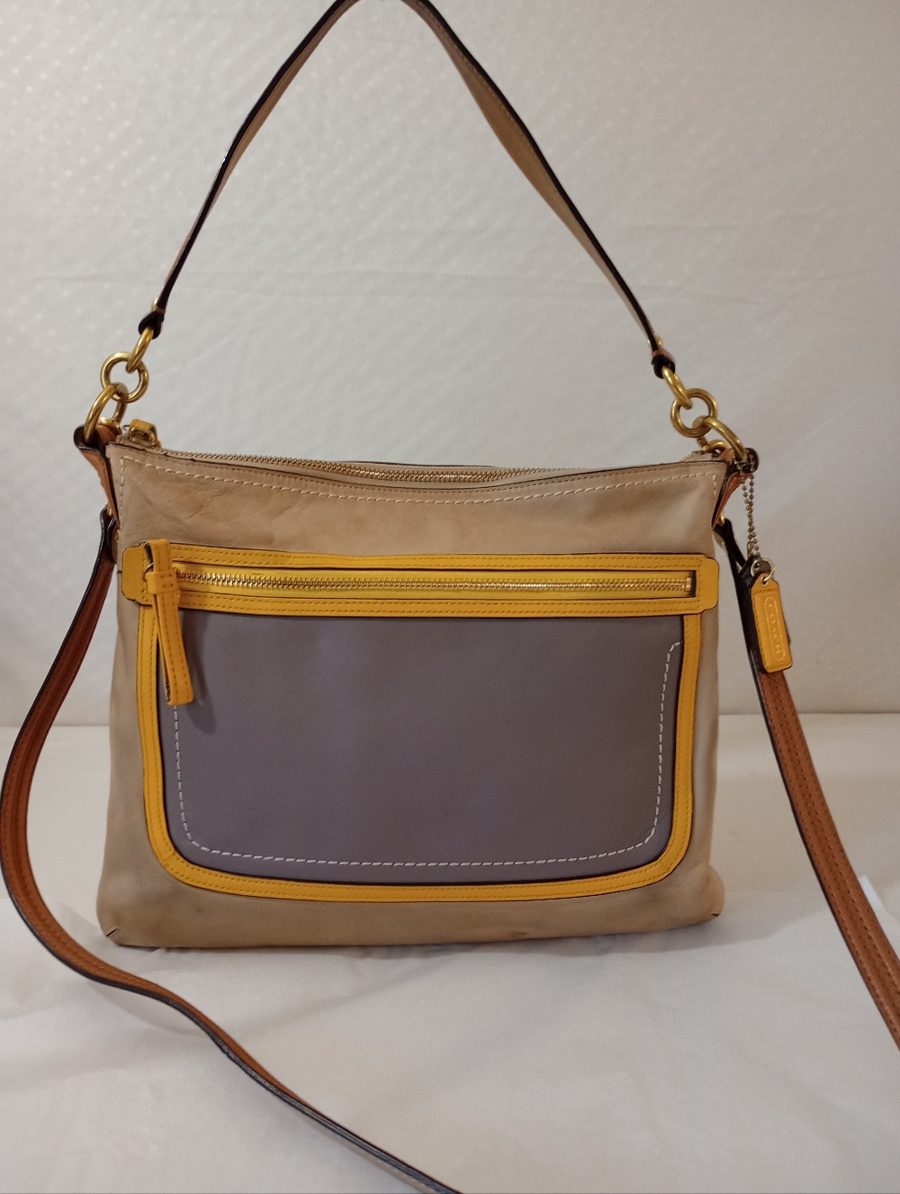Coach Two-Tone Beige and Yellow Leather Shoulder Bag